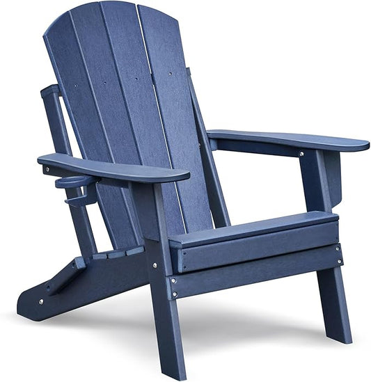 Modern Folding Adirondack Chair with Cup Holder, All-Weather Plastic Patio Firepit Chair for Outdoor, Patio, Garden, Beach (Navy Blue)