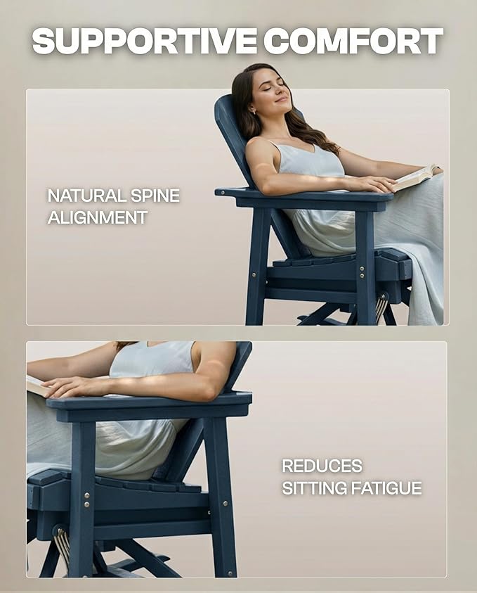 HDPE Swivel Glider Chair Outdoor, Weather Resistant Adirondack Outside Rocking Chair, Wooden Textured Outdoor Swivel Chair Set of 2 for Porch, Balcony, Poolside, Backyard (Navy Blue)