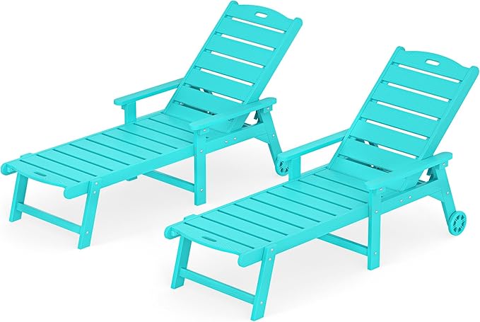 LUE BONA Outdoor Chaise Lounge Chairs Set of 2, HDPS Chaise Lounger, 5 Positions Adjustable Lounge Chairs, Pool Lounge Chair with Wheels for Poolside, Aruba Blue