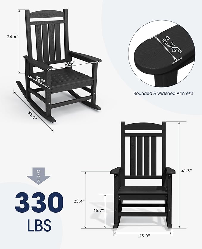 KINGYES Outdoor Rocking Chair Set of 2, HDPE Patio Rocking Chairs with 330lbs Support for Adults, Black