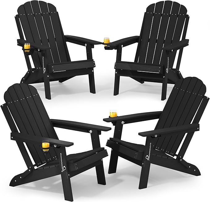 YEFU Adirondack Chairs Set of 4 for Patio: Folding Plastic Fire Pit Chair with Cup Holders & Adjustable Backrest - Sturdy All-Weather HDPE for Outdoor Backyard Deck- Easy Assembly(Black)