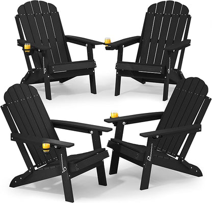 YEFU Adirondack Chairs Set of 4 for Patio: Folding Plastic Fire Pit Chair with Cup Holders & Adjustable Backrest - Sturdy All-Weather HDPE for Outdoor Backyard Deck- Easy Assembly(Black)