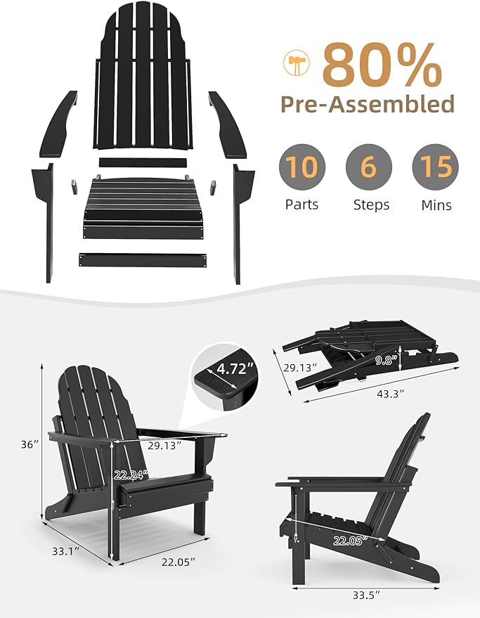 Folding Adirondack Chair - Durable HDPE Poly Lumber All-Weather Resistant - Photo 3
