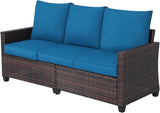 Rattan Outdoor Sofa 3-Seater - PE Woven Patio Couch with Waterproof Blue Cushions, Heavy-Duty Steel Frame for Garden - Photo 1