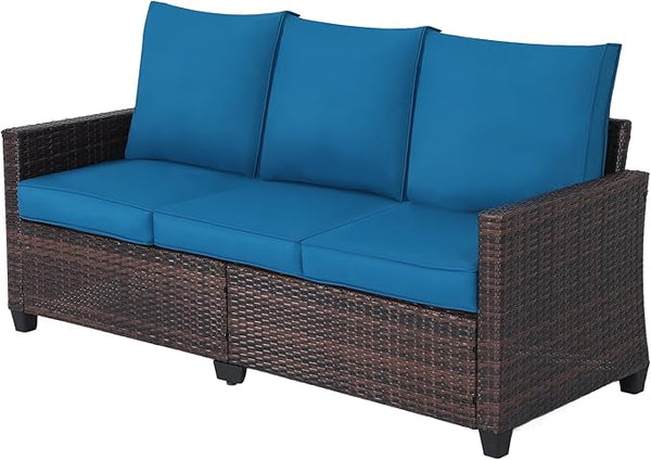 Rattan Outdoor Sofa 3-Seater - PE Woven Patio Couch with Waterproof Blue Cushions, Heavy-Duty Steel Frame for Garden - Photo 1