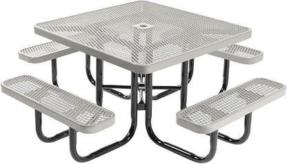 COATEDOUTDOORFURNITURE Heavy-Duty Portable Outdoor Picnic Table with Umbrella Hole, Expanded Metal Commercial-Grade Patio Dining Furniture Made in America (46" Square Top, Textured Grey)