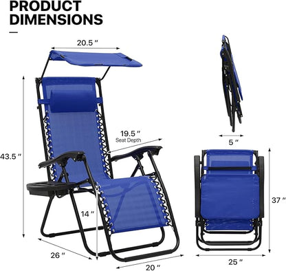 MoNiBloom Zero Gravity Chair Set of 2 with Canopy Shade, Patio Folding Anti Gravity Recliner, Foldable Outdoor Lounger with Cup Holder Tray for Beach Camping, Blue