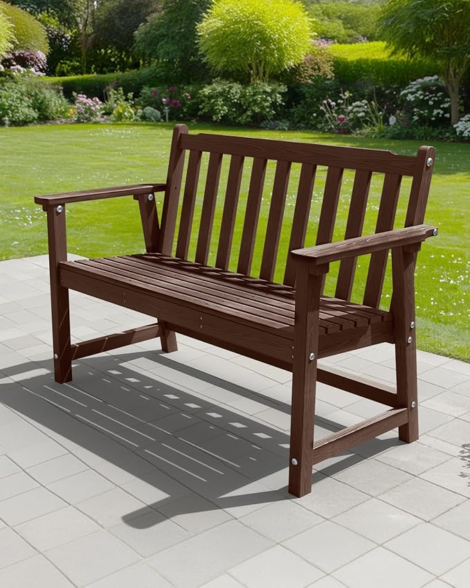 Outdoor Bench, 2-Person HDPE Garden Bench, All Weather Poly Patio Bench for Outdoors, Garden, Backyard, Porch and Park, 550 lbs Weight Capacity, Brown, 2 Pack