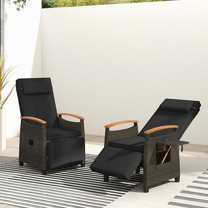Tangkula Patio Wicker Recliner Chair, Rattan Lounge Chair w/Adjustable Backrest & Footrest, Flip Side Table, Push Back Reclining Seat w/Cushion for Backyard, Porch, Lawn (Black,1)
