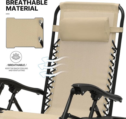 MoNiBloom 3 Pieces Cozy Lounge Chairs Table Set for Outside, Adjustable Folding Zero Gravity Recliners for Patio Beach Pool Yard Camping, 330lbs Capacity - Cream