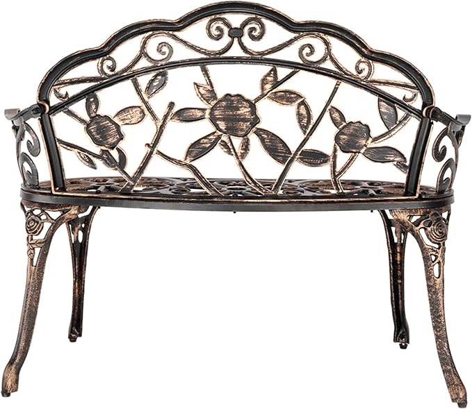 38.5” Outdoor Porch Bench with Hollow Rose Design,Elegant Garden Bench Park Bench for Backyard,Iron Bench with Arms,Bronze