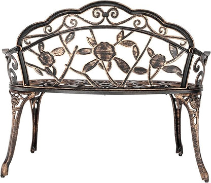 38.5” Outdoor Porch Bench with Hollow Rose Design,Elegant Garden Bench Park Bench for Backyard,Iron Bench with Arms,Bronze