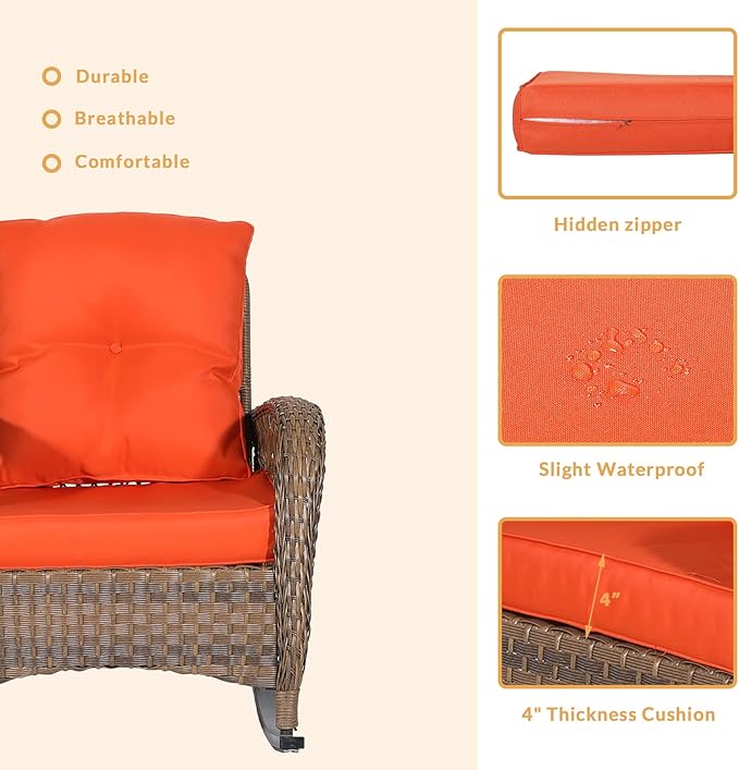 Outdoor Wicker Rocking Chair with Thickened Cushions, All-Weather Rattan Patio Rocking Chairs - Photo 6