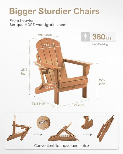 Folding Adirondack Chair, Patio Chair Wood Texture, Outdoor Chair Weather Resistant, Fire Pit Chair with Cup Holder, Composite Adirondack Chair Set of 2-(Teak)
