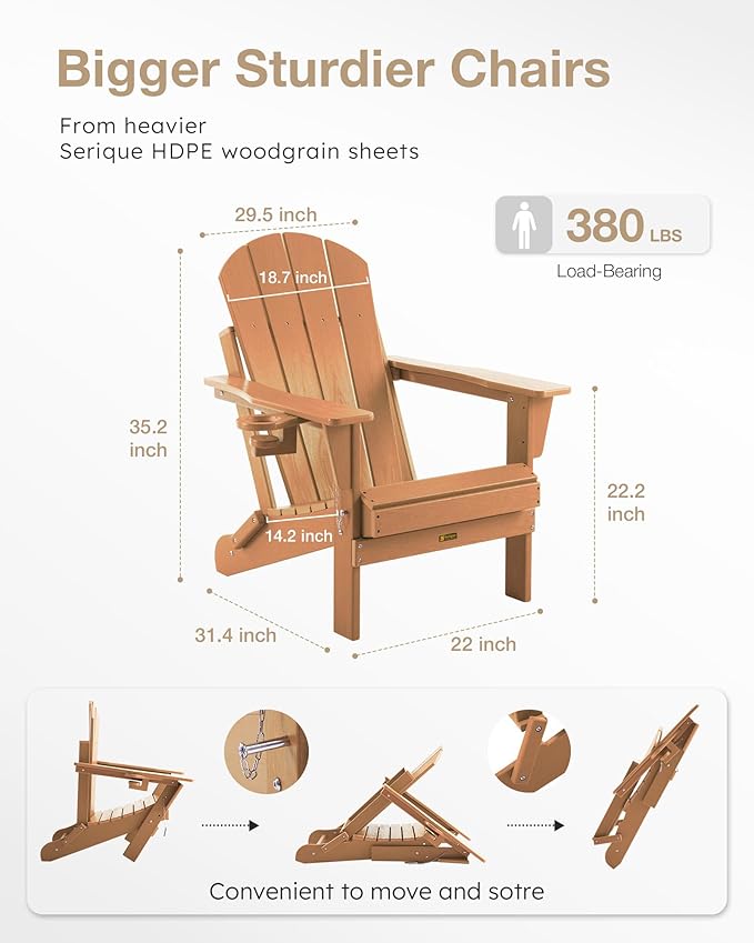 Folding Adirondack Chair Wood Texture, Patio Chairs Weather Resistant, Outdoor Chair, Lawn Chair with Cup Holder, Fire Pit Chair for Deck, Outdoor, Porch, Backyard (Teak)
