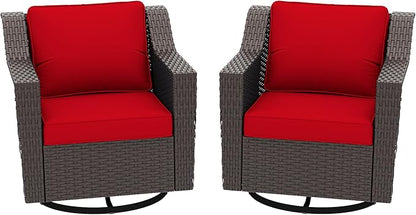 Patio 2 Pieces Wicker Swivel Chairs Set of 2，Outdoor PE Rattan Rocking Glider Armchairs, Water-Resistant Cushions with Removable and Washable Covers, Porch, Balcony, Sunroom (RED)