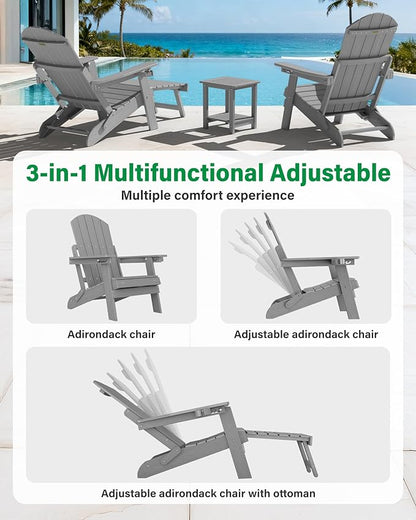 YEFU Adjustable Adirondack Chair with Retractable Ottoman Set of 8,Folding Adirondack Chair with Cup-Holder, Outdoor Chairs with Footrest,Weather Resistant Fire Pit Chairs,for Patio Lawn