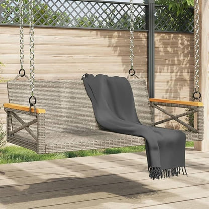Outdoor Hanging Swing Bench for 2 People, Patio Porch Swing Seat with Durable PE Rattan and Powder-Coated Steel Frame, Gray Garden Seating Furniture