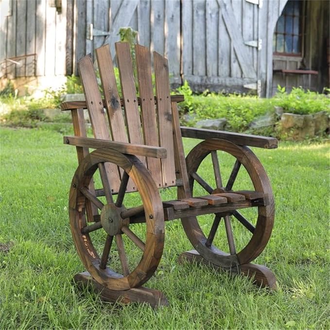39" Farmhouse Wood Adirondack Chair, Mocha Brown Finish, Solid Construction, Rustic Wheel Detailing, Angled Back for Comfort, Durable Outdoor Patio or Backyard Seating