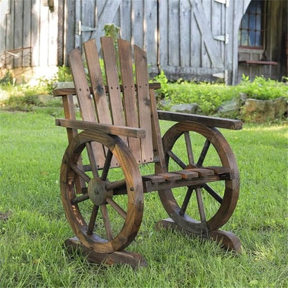 39" Farmhouse Wood Adirondack Chair, Mocha Brown Finish, Solid Construction, Rustic Wheel Detailing, Angled Back for Comfort, Durable Outdoor Patio or Backyard Seating
