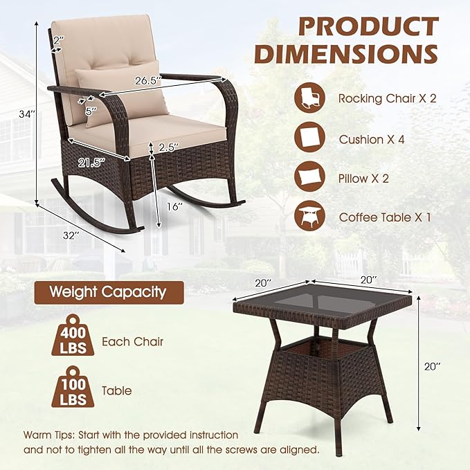 ORALNER 3 Pieces Patio Furniture Set, Outdoor Wicker Rocking Chairs with Cushions, Pillows, Glass Coffee Table - Photo 6