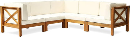 Christopher Knight Home Outdoor Acacia Wood 5 Seater Sectional Sofa Set with Water-Resistant Cushions, Teak and Beige