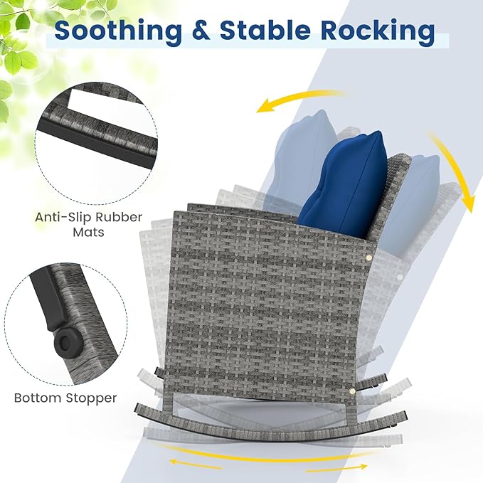 Tangkula 3 Piece Wicker Rocking Set, Patio Rattan Roker Chairs with Tempered Glass Table & Soft Cushions, Outdoor Furniture Set for Backyard, Poolside Porch (Mix Gray & Navy)