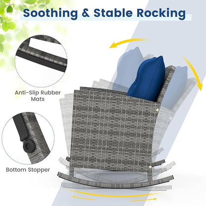 Tangkula 3 Piece Wicker Rocking Set, Patio Rattan Roker Chairs with Tempered Glass Table & Soft Cushions, Outdoor Furniture Set for Backyard, Poolside Porch (Mix Gray & Navy)