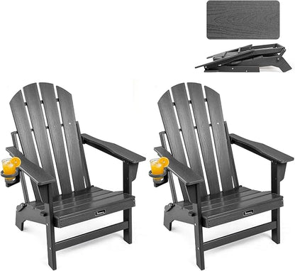FUNBERRY Folding Adirondack Chairs Set of 2, HDPE Stable Gun-Leg Design Fire Pit Chairs with Cupholder All Weather for Outside