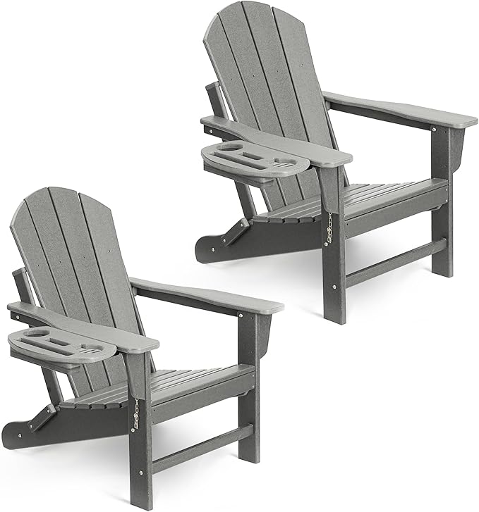 FOOWIN Folding Adirondack Chair Set of 2, HDPE Adirondack Chairs with Cup Holder, Weather Resistant Plastic Fire Pit Chairs for Outdoor, Patio, Lawn, Garden, Backyard, Deck, White Grey