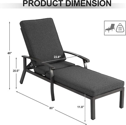 Chaise Lounge Chair Outdoor with Wheels, Cast Aluminum Tanning Chair with Grey Cushion, for Outside Beach Patio Pool Lawn with Adjustable 5 Position Recliner, 2 Pack