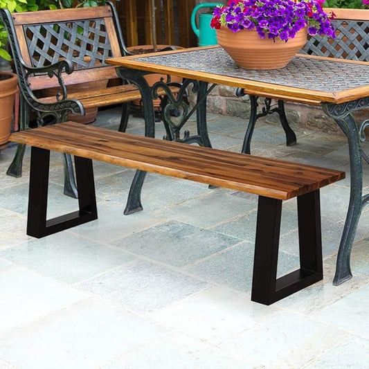 HAPPYGRILL Acacia Wood Patio Bench Set of 2, Dining Picnic Bench with Metal Frame, 57.5" Wood Bench for Indoor Outdoor Garden Backyard Lawn