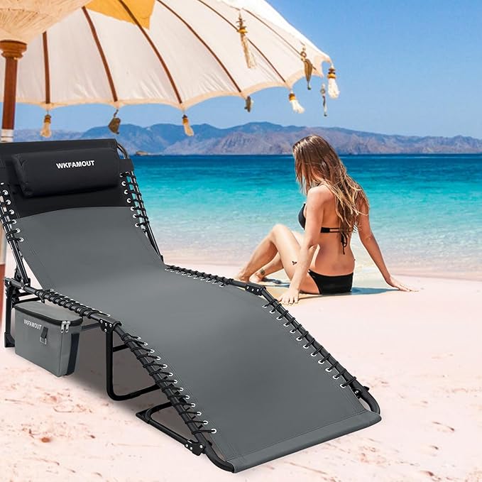 Folding Lounge Chair Outdoor with Insulated Cooler Bag Portable for Outside Patio Chaise Lounge Chair 5-Position with - Photo 2
