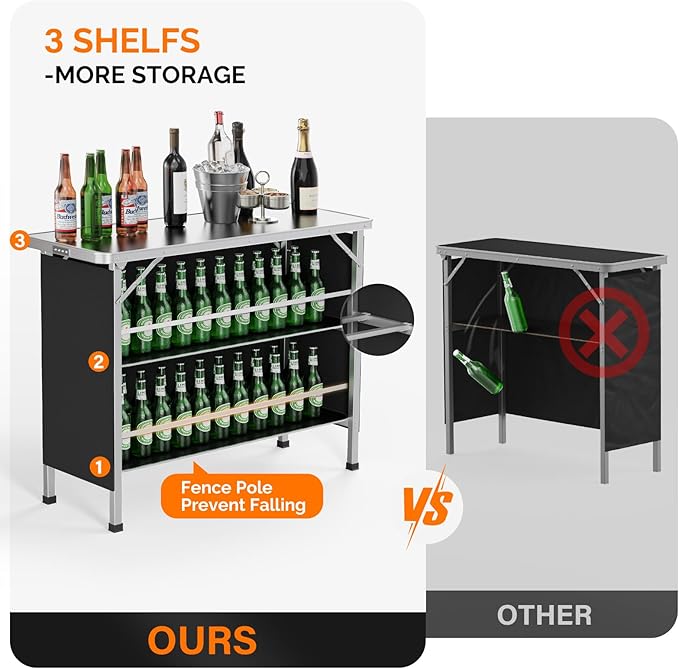 VINGLI 43" Portable Bar Table, 3-Tier Shelves, Carry Bag，Mobile Bar Table for Events, Party, Camping, Picnic, Tradeshow - Photo 4