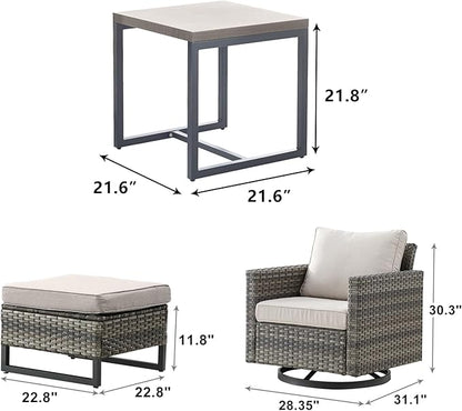 Wicker Outdoor Patio Furniture Set - 5 Piece Patio Conversation Set with 2 Swivel Rocker Chairs,2 Rattan Ottoman and 1 Metal Side Table for Outside Porch Deck Backyard Garden(Mixed Grey/Beige)