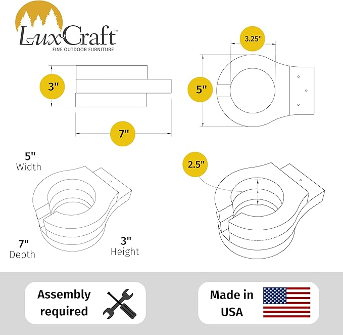 LuxCraft Adirondack Chair Cup Holder Attachment for Outdoor Lounge Furniture, Stationary Drink Holder for Swings, Gliders, Bench, Deck or Camping Chair - Amish Made in America (Black)