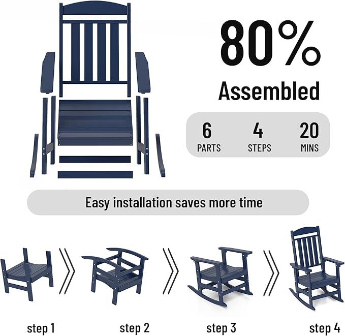 Outdoor Rocking Chairs Set of 6, Oversized High Back Patio Rocking Chairs, All Weather Porch Rocking Chairs for Outside. Navy Blue