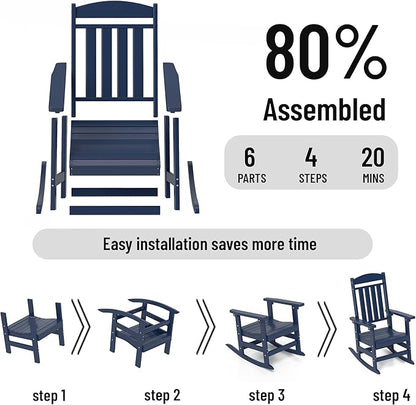 Outdoor Rocking Chairs Set of 6, Oversized High Back Patio Rocking Chairs, All Weather Porch Rocking Chairs for Outside. Navy Blue