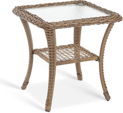 VIVIJASON Outdoor Wicker Side Table, All-Weather Rattan Patio Side Table Bistro Table with 2-Tier Storage, Tempered Glass Top Square End Table for Indoor, Balcony, Garden, Porch, Deck, Brown