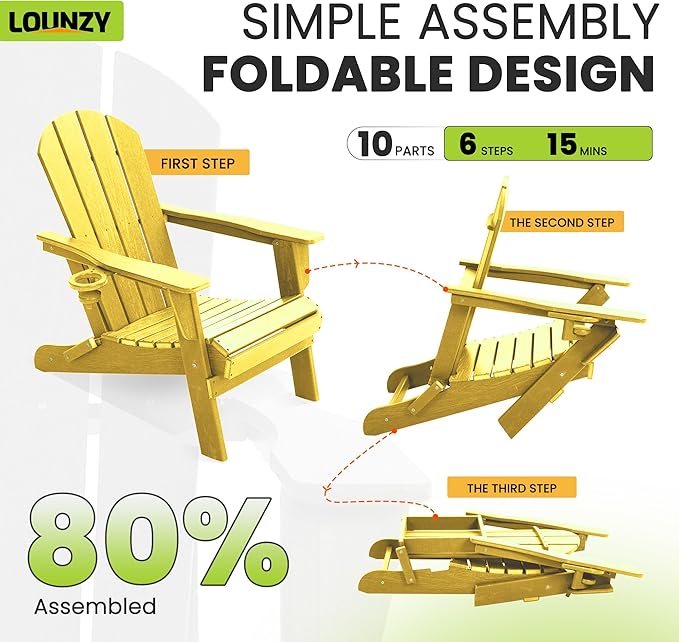 LOUNZY Folding Adirondack Chair with Cup Holder, HDPE All-Weather Folding Patio Chair - Photo 4