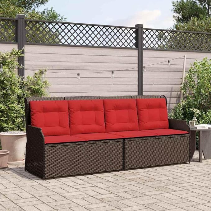 2-Seat Reclining Garden Bench 43.3"x26.4", Brown Woven Poly Rattan Lounge with Adjustable Backrest & Outdoor Cushions, Modern Patio Furniture Set for Garden, Balcony, Porch