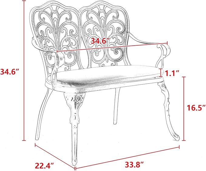 Patio Garden Bench Metal Park Cast Aluminum Outdoor Furniture with Floral Rose for Patio,Park,Lawn,Yard Black Aluminium Ready