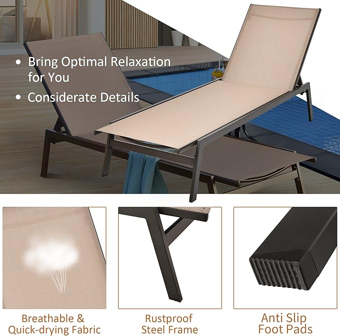 Tangkula 2 Pieces Outdoor Chaise Lounge Chair, 6-Position Adjustable Reclining Chair with Breathable Fabric and Heavy Duty Steel Frame, Patio Lounge Chair for Garden, Backyard and Poolside (2, Brown)