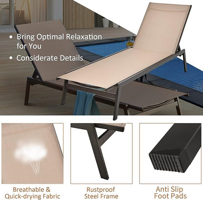 Tangkula 2 Pieces Outdoor Chaise Lounge Chair, 6-Position Adjustable Reclining Chair with Breathable Fabric and Heavy Duty Steel Frame, Patio Lounge Chair for Garden, Backyard and Poolside (2, Brown)