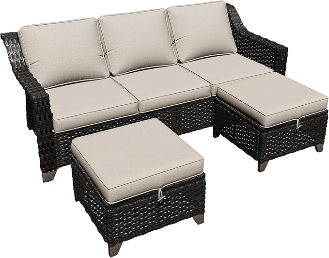 3 Pieces Outdoor Conversation Furniture Set - 77" Patio Sofa, 2 Rattan Wicker Ottomans - Photo 8