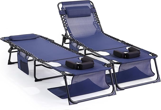 Unovivy Tanning Chairs with Face Hole Set of 2, Patio Lounge Chairs with 5-Position Reclining Back, Portable Folding Outdoor Lounge Chair for Sunbathing, Pool, Patio, Camping