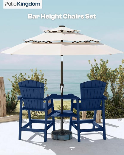 Tall Adirondack Chairs Set of 2, Bar Height HDPE Deck Chairs with Connecting Trays & Umbrella Hole, Weatherproof Patio Bar Stools for Balcony, Garden (Navy Blue)