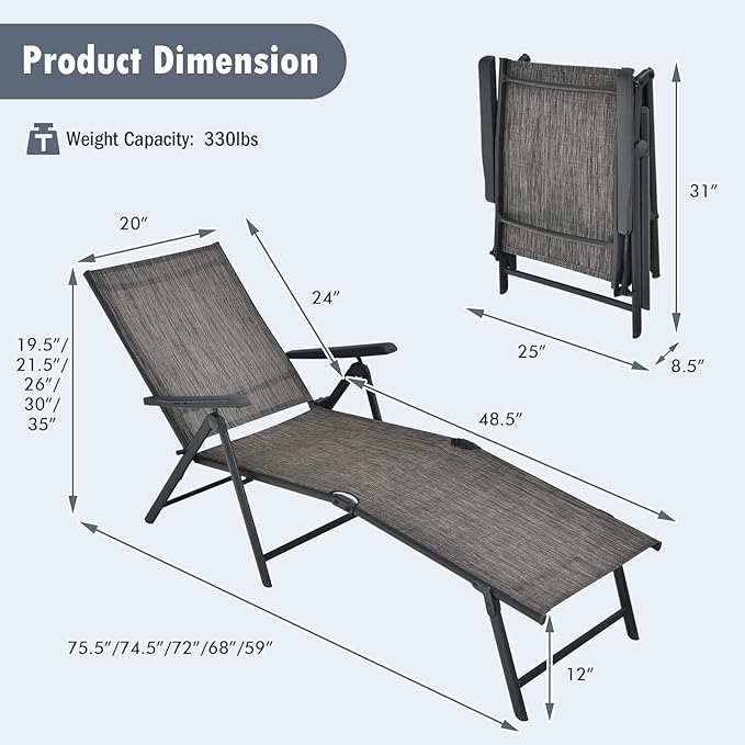 Tangkula Folding Lounge Chair Outdoor, Recliner Chaise Lounge with 5-Position Adjustable Backrest & 2-Position Footrest, No Assembly Required, Suitable for Patio Poolside Beach Yard (1, Grey)