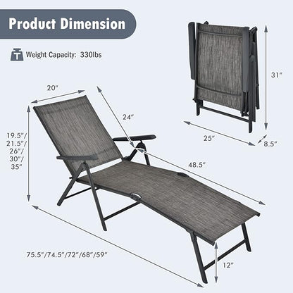 Tangkula Folding Lounge Chair Outdoor, Recliner Chaise Lounge with 5-Position Adjustable Backrest & 2-Position Footrest, No Assembly Required, Suitable for Patio Poolside Beach Yard (1, Grey)