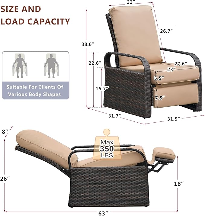 ATR ART TO REAL Outdoor Wicker Recliner Chair with 5.5'' Cushions, Automatic Adjustable Patio Lounge Chairs - Photo 2